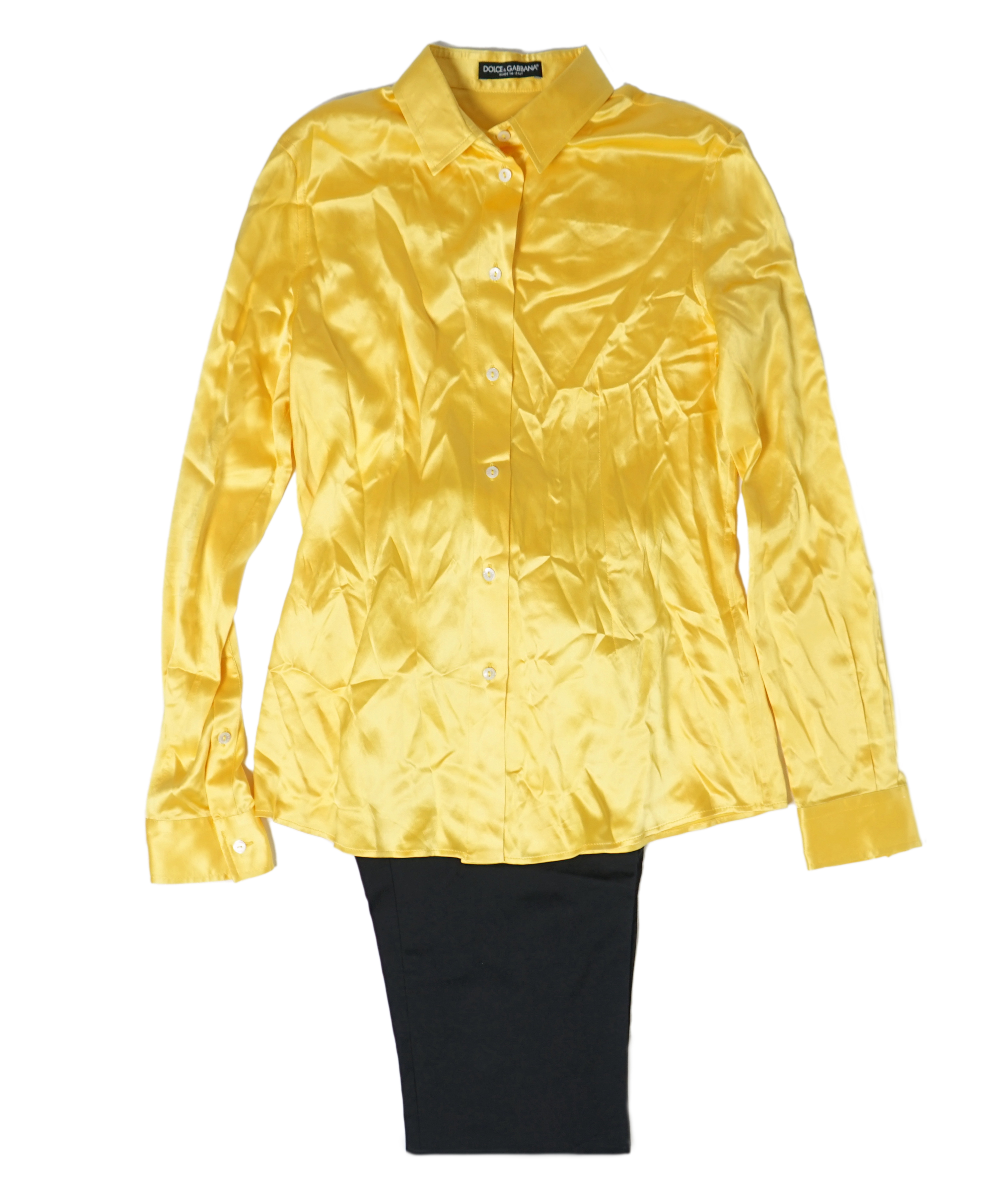 A lady's Dolce & Gabbana yellow silk blouse and a pair of black satin jeans. Blouse size 44 Trousers size 42